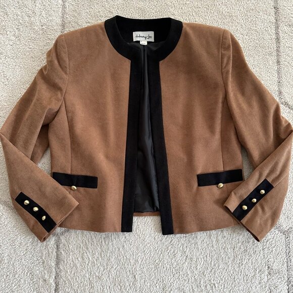 Henry Lee Vintage 70s Tan/Black Faux Suede Open Front Crop Jacket Size 8 - Picture 1 of 5